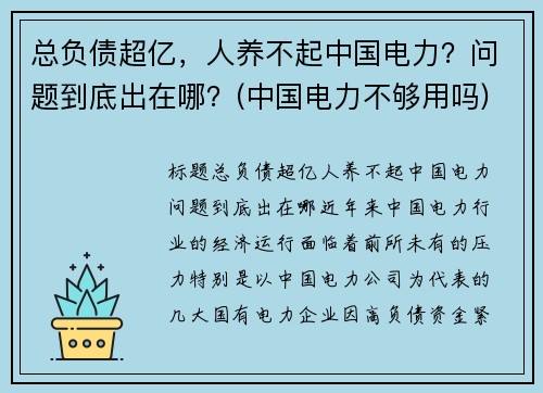 总负债超亿，人养不起中国电力？问题到底出在哪？(中国电力不够用吗)