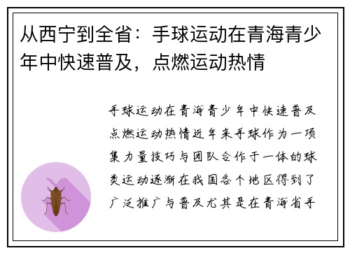 从西宁到全省：手球运动在青海青少年中快速普及，点燃运动热情