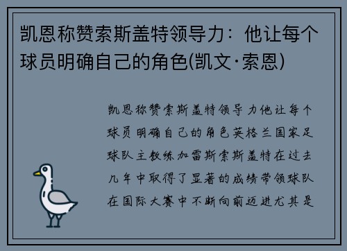 凯恩称赞索斯盖特领导力：他让每个球员明确自己的角色(凯文·索恩)