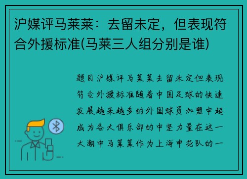 沪媒评马莱莱：去留未定，但表现符合外援标准(马莱三人组分别是谁)
