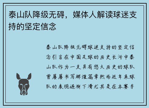 泰山队降级无碍，媒体人解读球迷支持的坚定信念