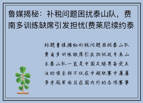 鲁媒揭秘：补税问题困扰泰山队，费南多训练缺席引发担忧(费莱尼续约泰山)