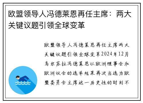 欧盟领导人冯德莱恩再任主席：两大关键议题引领全球变革