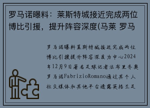 罗马诺曝料：莱斯特城接近完成两位博比引援，提升阵容深度(马莱 罗马)