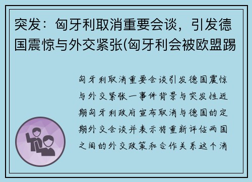 突发：匈牙利取消重要会谈，引发德国震惊与外交紧张(匈牙利会被欧盟踢出吗)