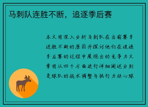 马刺队连胜不断，追逐季后赛