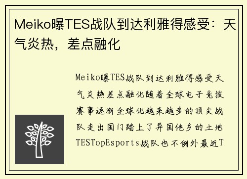 Meiko曝TES战队到达利雅得感受：天气炎热，差点融化
